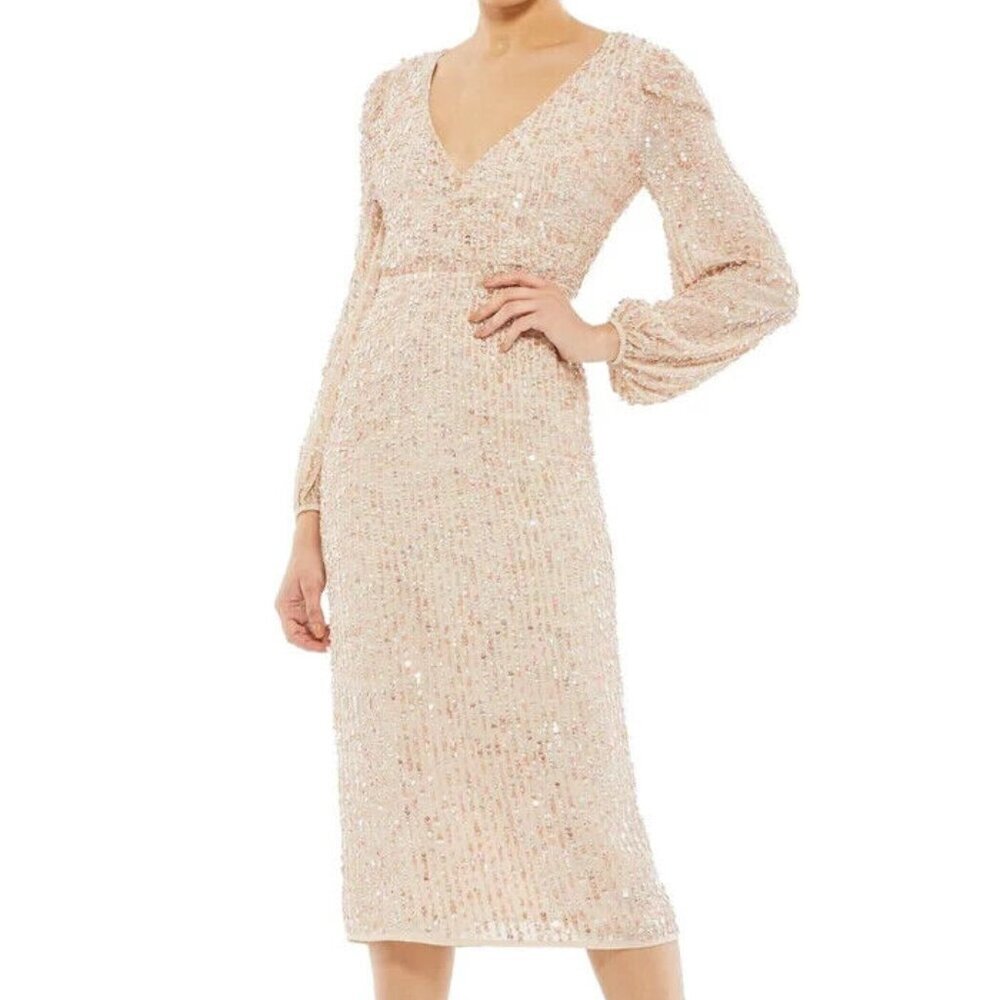 Mac Duggal Beige Sequin Long Sleeve Cocktail Midi Dress